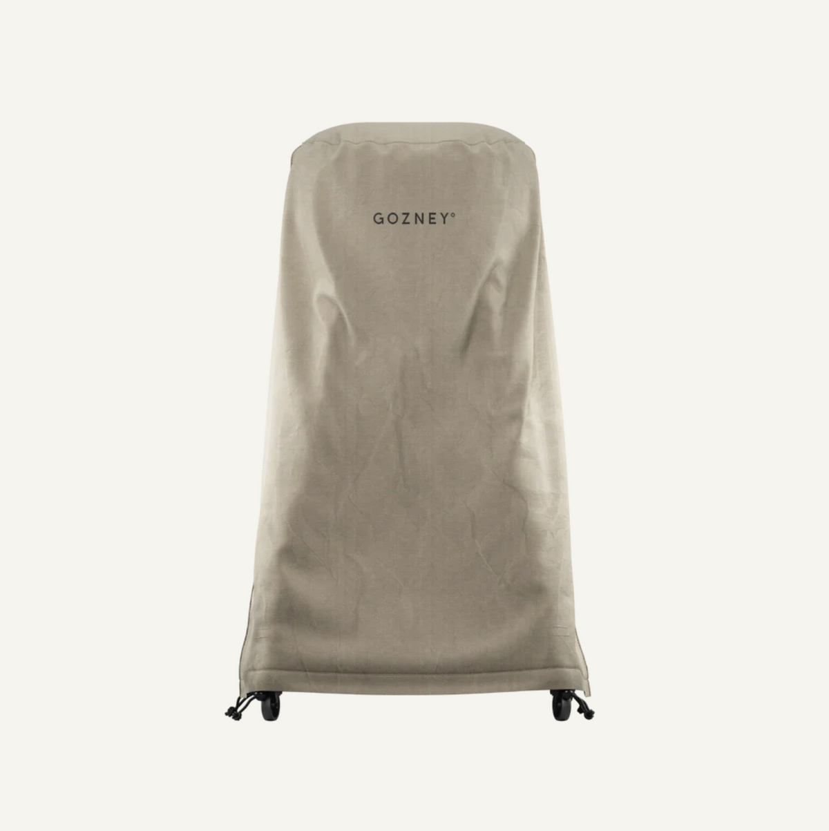 A beige outdoor grill cover with the brand name 'GOZNEY' printed in black on the upper front, shown on a clean off-white background.