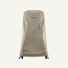 A beige outdoor grill cover with the brand name 'GOZNEY' printed in black on the upper front, shown on a clean off-white background.