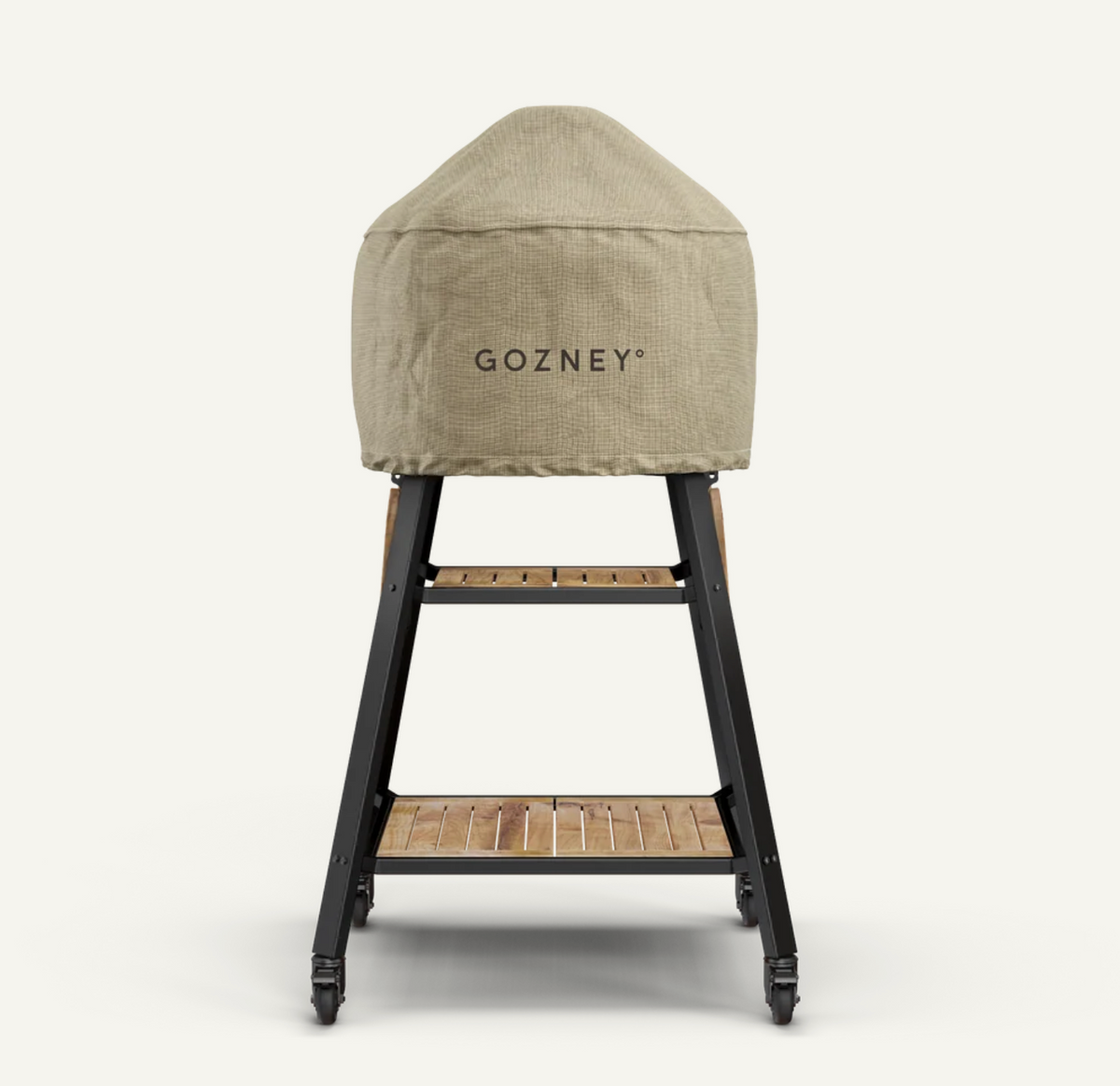A beige textured cover with the brand name 'GOZNEY' printed on the front, draped over a black metal and wood-tiered cart, shown against a solid off-white background.