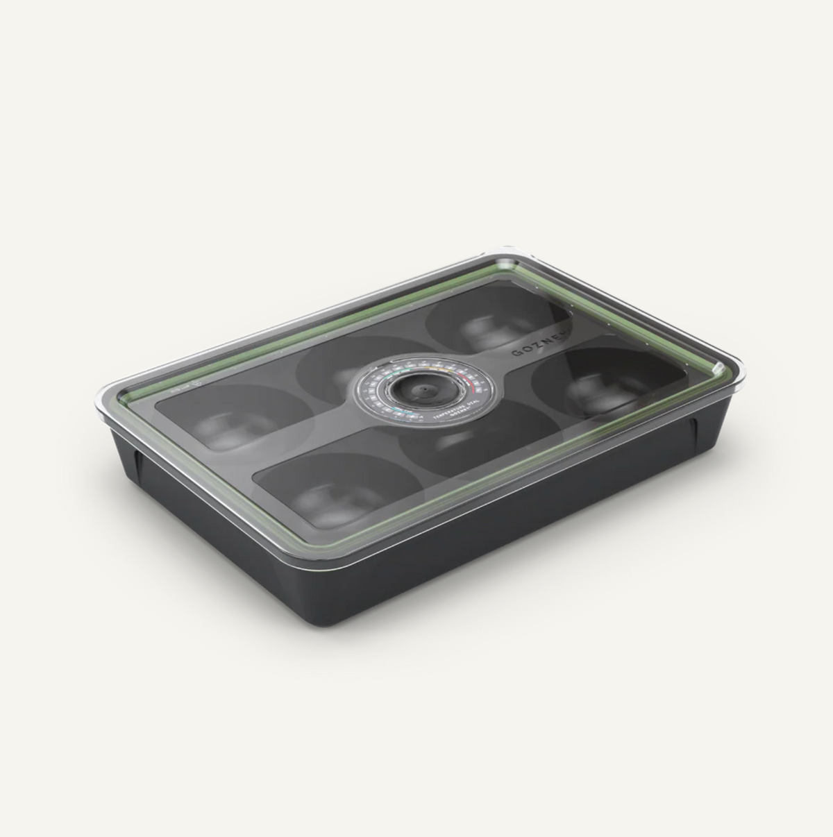Black plastic dough tray with compartments on a white background