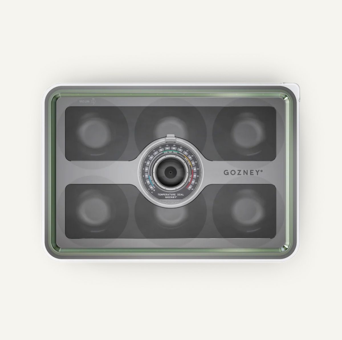 A rectangular GOZNEY smart dough tray box with a clear  compartments, centered on a light off-white background.
