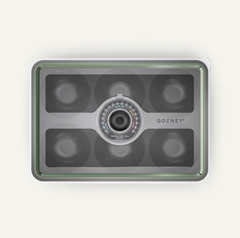 A rectangular GOZNEY smart dough tray box with a clear  compartments, centered on a light off-white background.