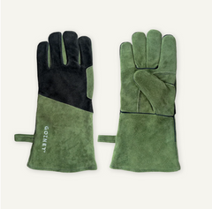 A pair of green and black leather work gloves shown flat against a light off-white background, displaying both the palm and back-of-hand views. The brand name 'GOZNEY' is printed vertically on the wrist cuff of the left glove.