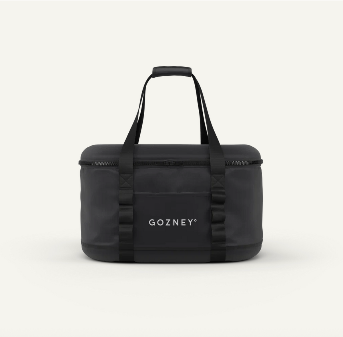 A black Gozney duffel bag with dual top handles, a top zipper, and a front pocket with the brand name 'GOZNEY' printed in white, set against a plain off-white background.